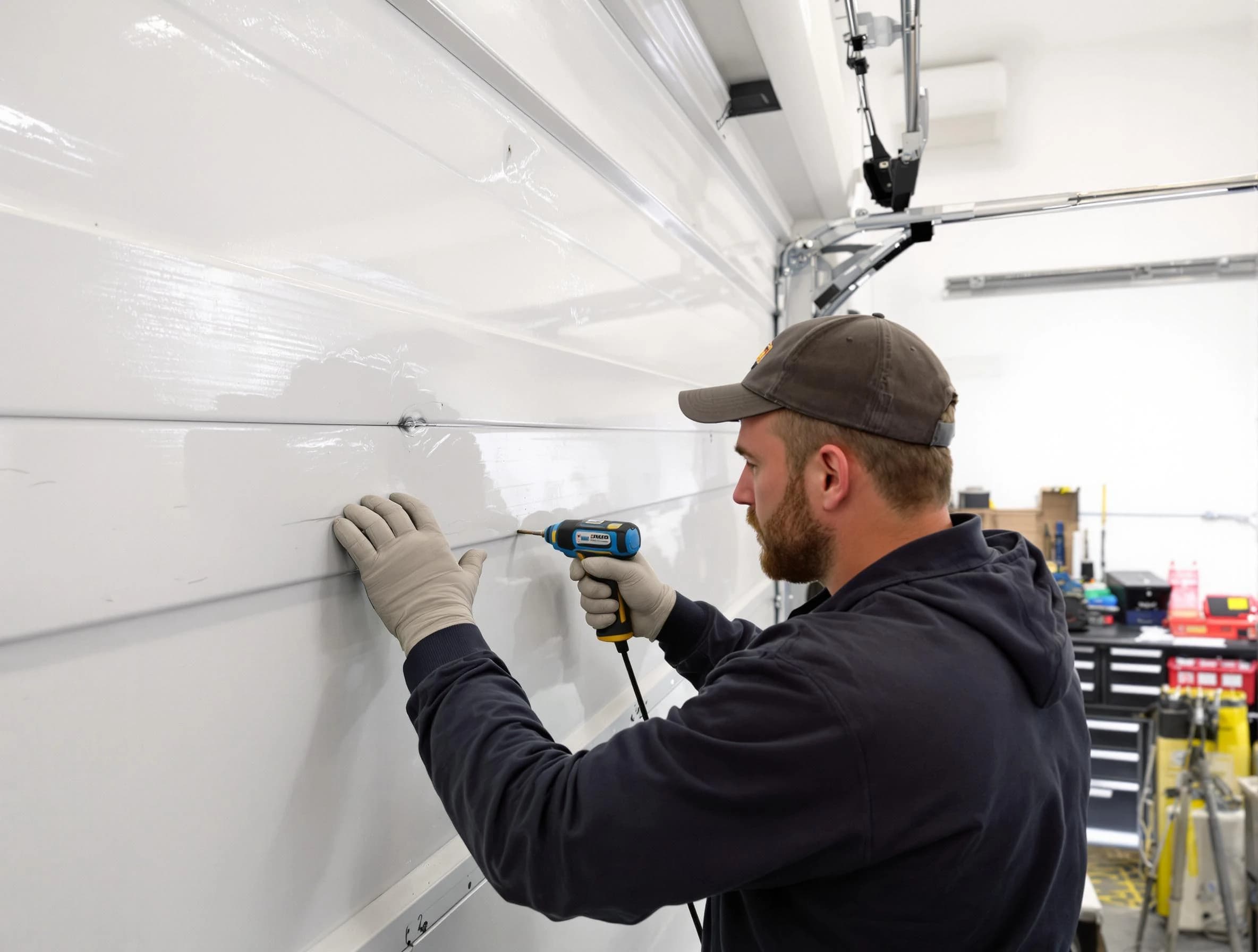 Highland Park Garage Door Repair technician demonstrating precision dent removal techniques on a Highland Park garage door