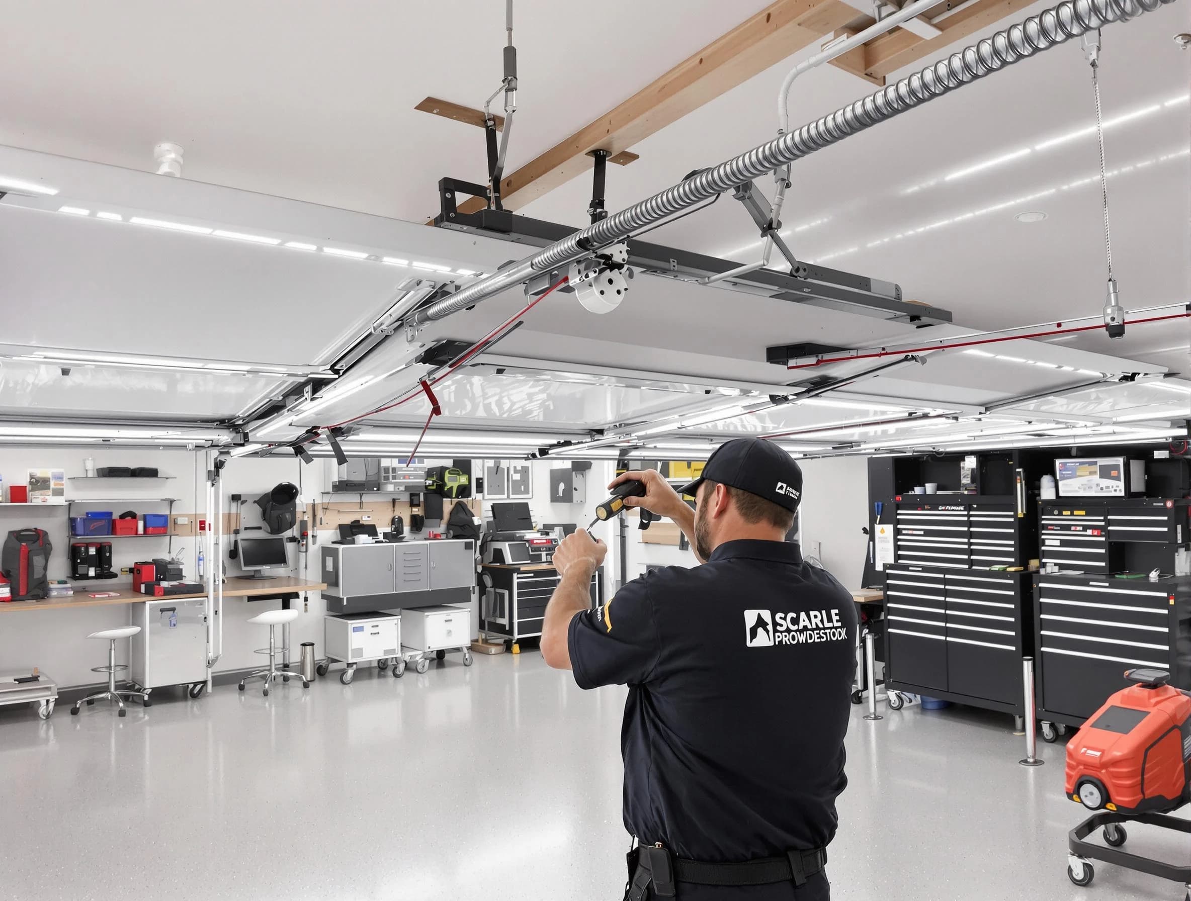 Highland Park Garage Door Repair technician repairing overhead garage door in Highland Park