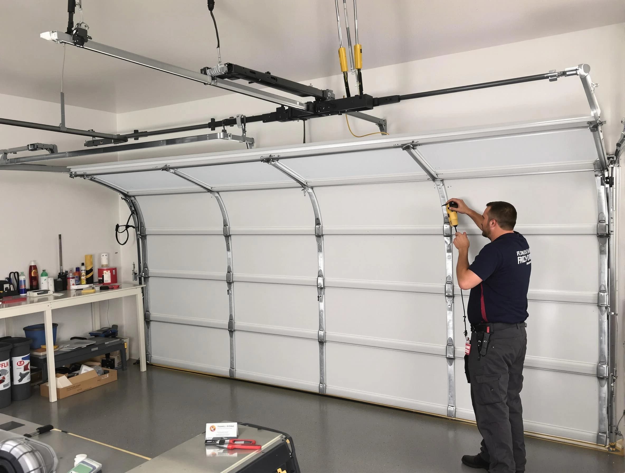 Highland Park Garage Door Repair certified technician performing overhead door system repair in Highland Park