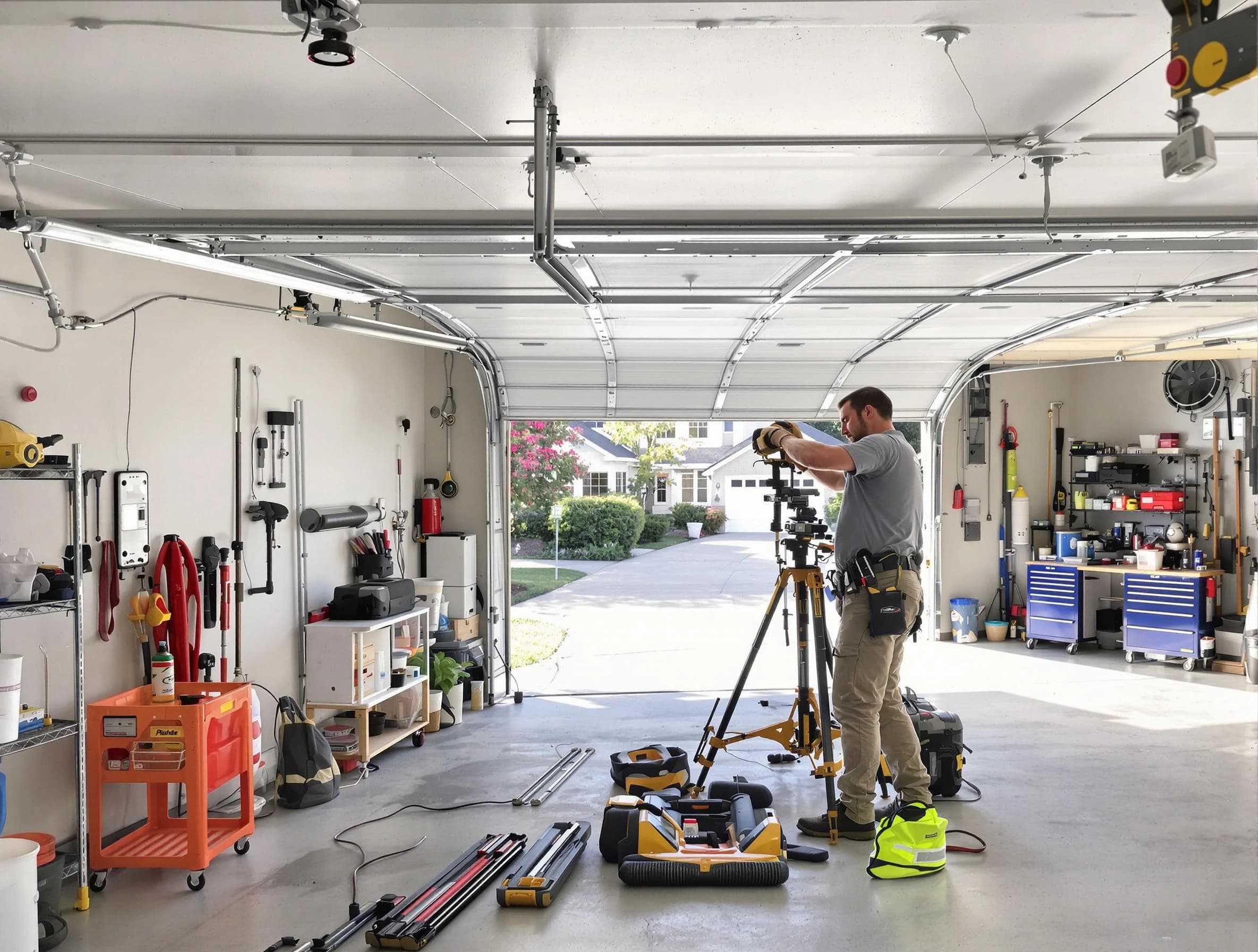 Highland Park Garage Door Repair specialist performing laser-guided track alignment in Highland Park